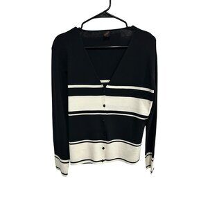 Sonia Elegant Black White Striped Button Front V-Neck Cardigan Coastal Chic